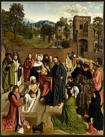 Geertgen tot Sint Jans, Raising of Lazarus, with five kneeling donor portraits (and perhaps the donor's dog). The very small girl was perhaps an infant death or a later addition to the family and the painting