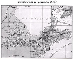 Tysk karta från 1912 över Shandonghalvön med omgivningar samt med Jiaozhou inlagd.