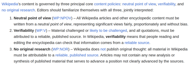 Screenshot of the Core content policies page on the English Wikipedia as of 2023-04-06