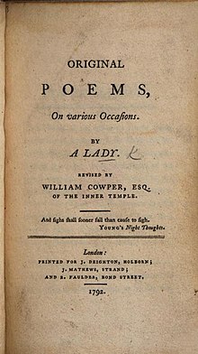 Title page of Frances Maria Cowper Original Poems 2nd ed 1807.
