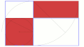 黄金数 φ について、φ(φ − 1) = 1 を、面積で表した図。青線が、縦横の長さ 1, φ の黄金長方形2個を表し、右上の赤網目部分が φ(φ − 1)、左下の赤網目部分が 1 を表す。