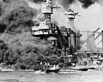 Hyperboloid mast towers were on the USS West Virginia aflame at Pearl Harbor on December 7, 1941, and a small boat rescues a seaman.
