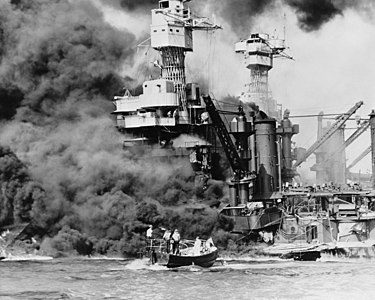 USS West Virginia during the Attack on Pearl Harbor, by the United States Navy (edited by Durova)