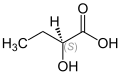 Molecular diagram of 2-hydroxybutyric acid, with the central alcohol carbon labeled "(S)"