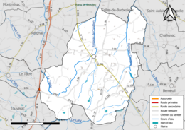 Carte en couleur présentant le réseau hydrographique de la commune