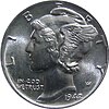 A silver coin dated 1942. A winged head of Liberty dominates the piece.