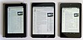The Kindle Fire (left) compared with the iPad Mini (center) and the Nexus 7 (2012 version) (right)