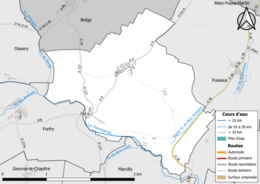 Carte en couleur présentant le réseau hydrographique de la commune