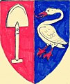 Coat of arms Graeff (ancient). The family coat of arms with the silver spade on a red (Von Graben) and silver swan on a blue background (De Grebber) was first documented in 1543 by Jan Pietersz Graeff.[10]