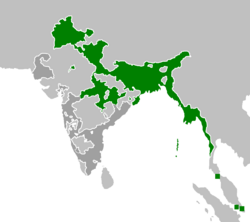 The extent of the Bengal Presidency at its peak 1853 in green, and rest of British India in grey.