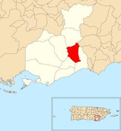 Location of Caimital within the municipality of Guayama shown in red