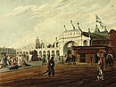 Main market in Buenos Aires. In the centre foreground a black fisherman brings a dorado.