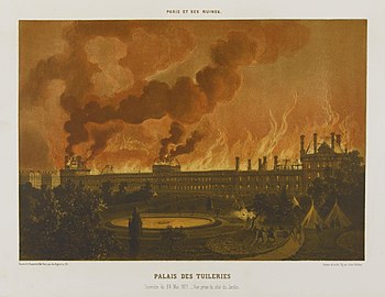 Incendie des Tuileries - Lithograph by Léon Sabatier and Albert Adam Paris et ses ruines, 1873 - Bibliothèque historique de la ville de Paris.