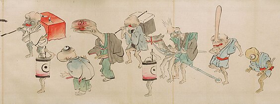 Far right art detail of scroll depicting Yokai betrothal, marriage, and home life, 16th century or 17th century