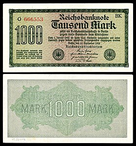 One-thousand Mark at German Papiermark, by the Reichsbankdirektorium Berlin