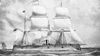 Drawing of a one-funneled, three-masted warship under sail