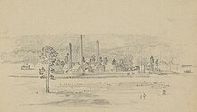 A pencil sketch of a lead factory surrounded by a plain