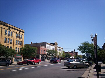 View of downtown Ravenna, Ohio looking east down Main Street.