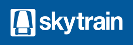 A logo with a blue background, a white icon of a train and white text that says "skytrain" in lowercase letters