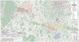 Trajectory projection of Chelyabinsk meteor and strewnfield map of 253 recovered meteorites, of which 199 were weighed and documented (status of 18 Jul 2013).