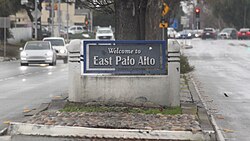 Welcome to East Palo Alto sign on University Avenue in East Palo Alto.