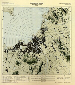 A map of the Fukuoka area with concentric circles radiating from the center of the city