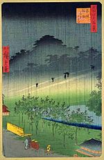 『名所江戸百景』中の二代目広重作品。左が「赤坂桐畑雨中夕けい」、右は「びくにはし雪中」。