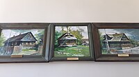 Paintings of log houses, common in Belarus