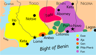 Map showing the distribution of the major Gbe dialect areas