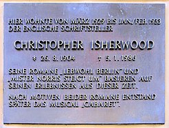 Plaque at Nollendorfstraße 17 about Christopher Isherwood