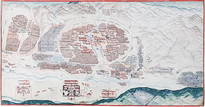 A 1913 panorama of Urga. The large circular compound in the middle is the Zuun Khuree temple-palace complex. The Gandan temple complex is to the left. The palaces of the Bogd are to the south of the river. To the far bottom right of the painting is the Maimaicheng district. To its left are the white buildings of the Russian consulate area. Manjusri Monastery can be seen on Mount Bogd Khan Uul at the bottom-right of the painting.