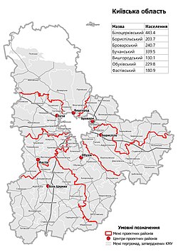 2020年7月の地方行政区画改編後に7地区に区分されたキーウ州地図