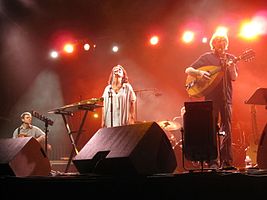 Malicorne performing in September 2012 in Château-Thierry, France[nb 1] (L-R: Gilles Chabenat, Marie Sauvet, David Pouradier Duteil, Gabriel Yacoub)