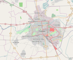 Mapa konturowa Płowdiw, blisko centrum na prawo znajduje się punkt z opisem „Stadion Christa Botewa”