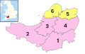 Image 19The ceremonial county immediately prior to the 2023 local government restructuring, with South Somerset (1), Somerset West and Taunton (2), Sedgemoor (3) and Mendip (4) as non-metropolitan districts (shown in pink), and just Bath and North East Somerset (5), and North Somerset (6) as unitary authorities (shown in yellow). (from Somerset)