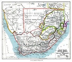 1885 map showing the Bechuanaland Protectorate prior to the creation of the crown colony of British Bechuanaland and the Heligoland–Zanzibar Treaty