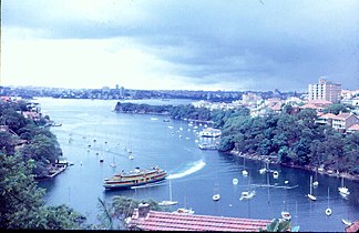 After her 1959 conversion to diesel, the now short-funnelled Kanangra enters Mosman Bay. The Mosman, Cremorne, and Neutral Bay services experience a "mini-boom" in the 1960s due to harbourside home unit development.