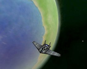 An Ancestor-class fighter cruising around a bio-diverse planet (2005).