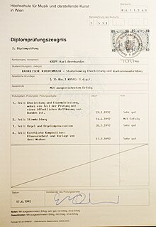 Zeugnis Karl-B. Kropf 2. Diplomprüfung Kath. Kirchenmusik Zweig Chorleitung, Wien 1992