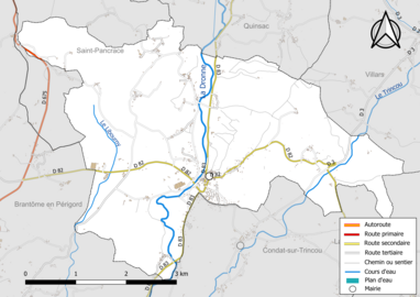 Carte en couleur présentant le réseau hydrographique de la commune