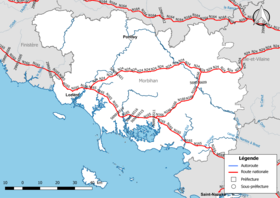 Carte du réseau routier national (autoroutes et routes nationales) dans le département du Morbihan