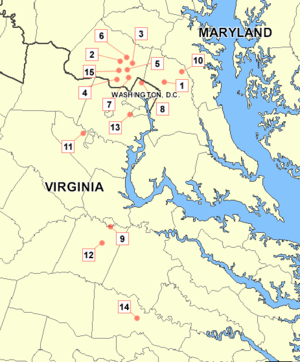 Locations of the fifteen sniper attacks in the D.C. area numbered chronologically