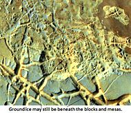 Blocks in Aram showing possible source of water, as seen by THEMIS. Image in Oxia Palus quadrangle.