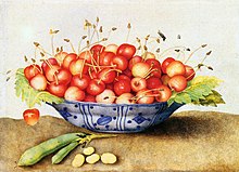 painting of a bowl of cherries on a table