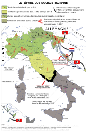 Évolution territoriale de la République sociale italienne entre 1943 et 1945.
