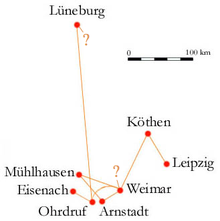 carte : les villes où Bach a travaillé