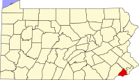 デラウェア郡の位置を示したペンシルベニア州の地図