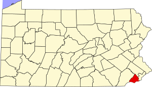 Map of Pennsylvania highlighting Delaware County