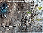 Map of Curiosity's route on Mars - moving east from "Bradbury Landing" to "Glenelg" (Sol 302, June 12, 2013) (3-D).