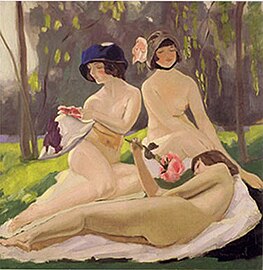 "Les Coquettes" by the artist Jacquline Marval. Image of three nude women, two wearing hats, laying on a pink blanket with trees behind them.